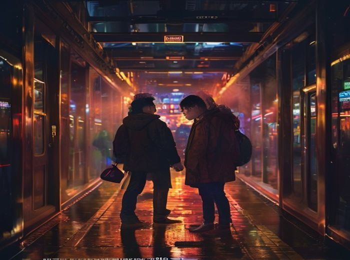 都市奇缘场景：上海夜晚霓虹灯下两个陌生人在地铁站台偶然相遇，眼神交汇的温柔浪漫瞬间，画面暖光氛围感十足