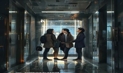 都市奇缘职场缘分场景：现代化写字楼电梯间两人因同一个楼层按钮相视而笑，职场中悄然萌发的情感