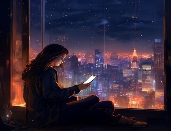 都市奇缘阅读场景：年轻女性在城市夜晚窗边手捧手机沉浸阅读，窗外霓虹灯光与室内温暖灯光交织，画面温柔治愈