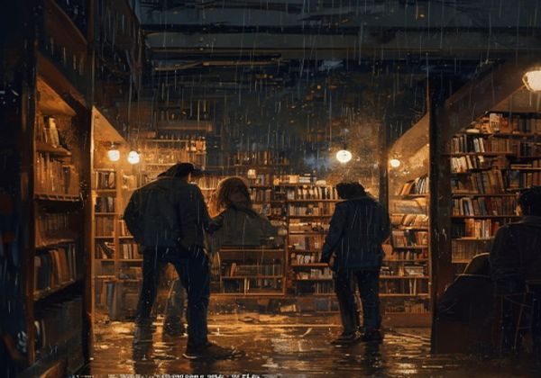 都市奇缘雨夜书店场景：昏黄灯光下雨夜书店内两人在书架间偶然相遇，书页翻动间情愫悄然萌生，画面温暖文艺